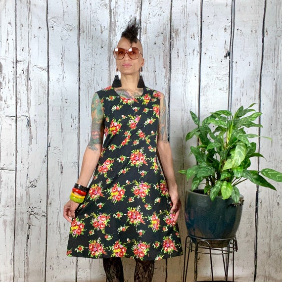 Vintage Summer Dress 1960s 1970s Handmade Black F… - image 2