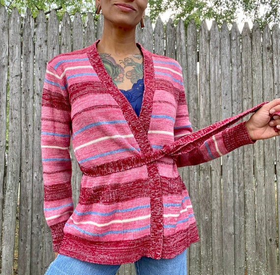 Vintage Cardigan Sweater 1970s Pink Stripes Acryli