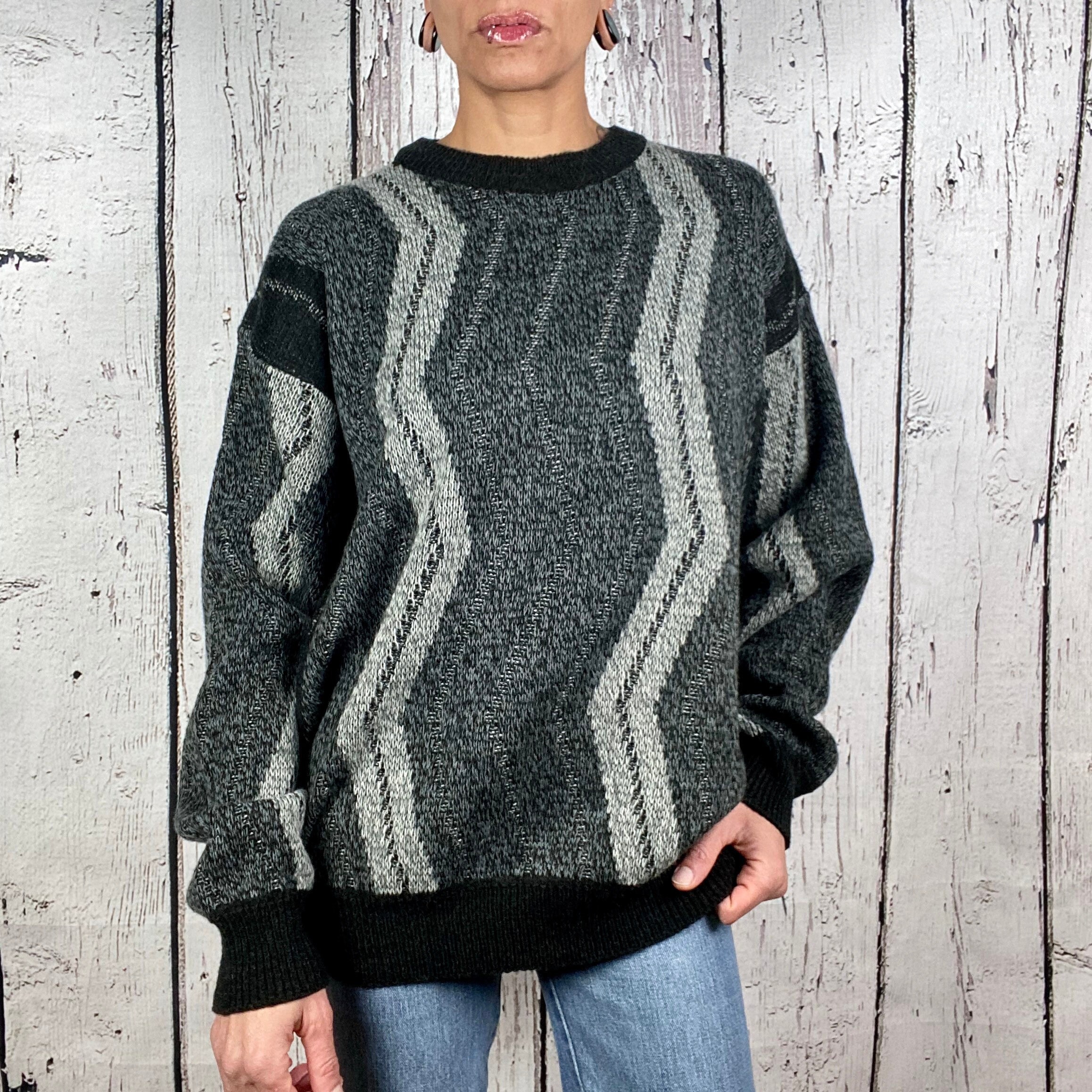 Vintage Acrylic Mens Sweater 1980s 1990s Medium Black Gray Etsy