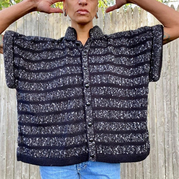 Vintage Cropped Sweater Cardigan Black White Large