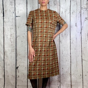 Vintage 1960s Shift Dress Large Earth Tones Brown Polyester