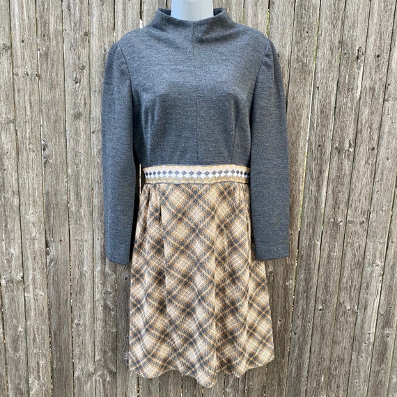 Vintage Dress 1960s Knit Plaid Gray Small Long Sl… - image 5