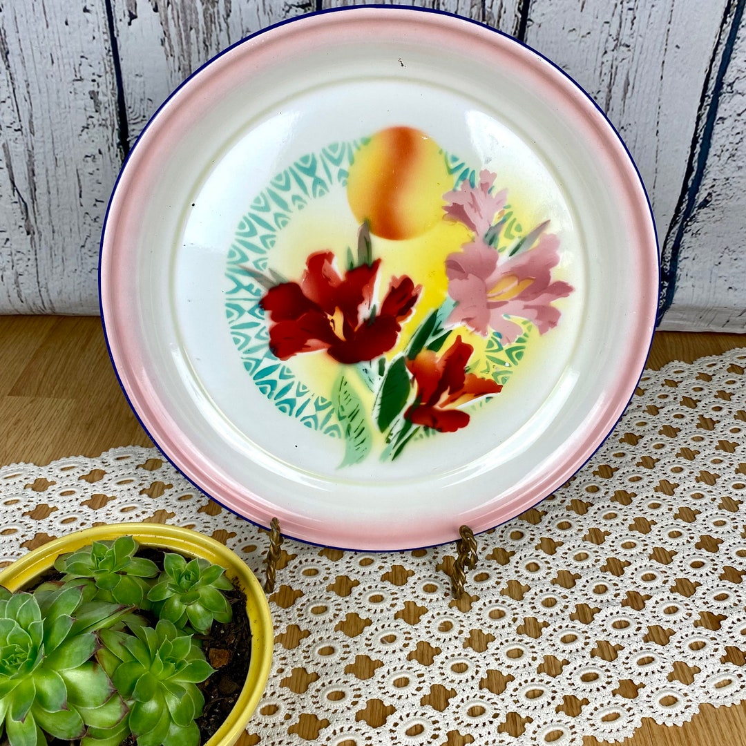 Vintage Enamelware Tray Bowl Floral Pink Rim Peacock China 14 Etsy