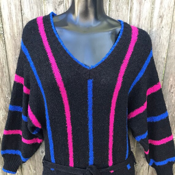 Vintage 1970s Sweater Knit Dress Boucle Black Blu… - image 5