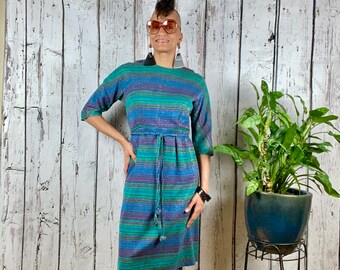 Vintage 1960s Metallic Knit Dress XSmall Green Purple Blue Stripes