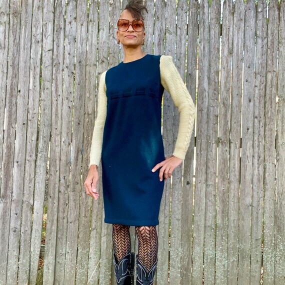 Vintage 1960s Wool Dress Navy Blue Knit Sweater S… - image 1