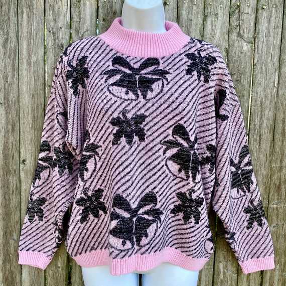 Vintage Sweater 1980s Cropped Medium Pink Black M… - image 2