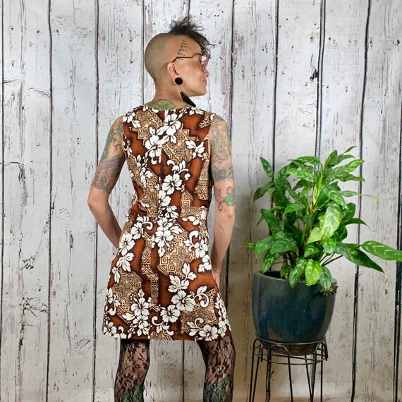 Vintage Dress 1960s Hawaiian Barkcloth Tiki Mini … - image 5