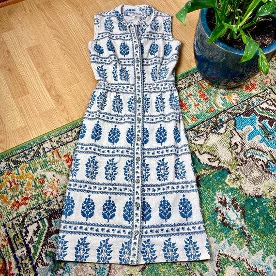 Vintage 1960s Day Dress Button Down Linen Cotton … - image 5