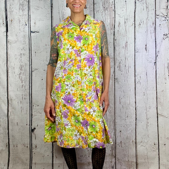 Vintage 1960s Floral Shift Dress Cotton Large Sum… - image 2