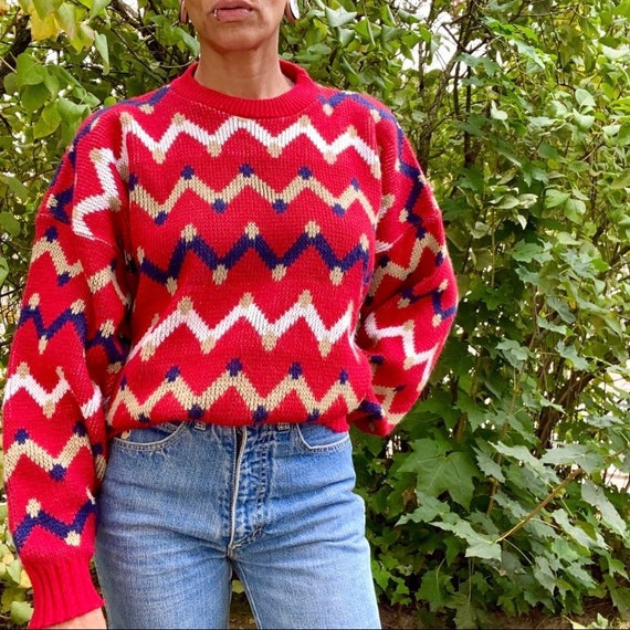 Vintage Sweater 1980s 1990s Large XL Red Abstract 