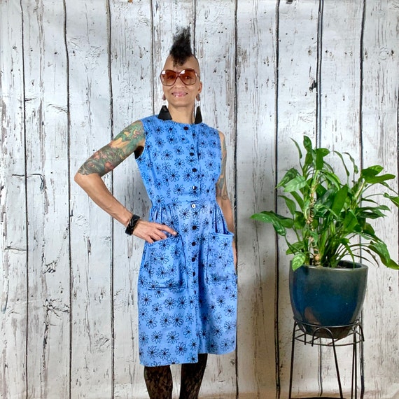 Vintage 1960s Day Dress Cotton Periwinkle Blue Fl… - image 2