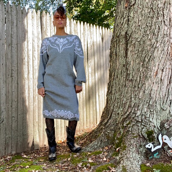 Vintage 1980s Sweater Dress Large Acrylic Gray Wh… - image 3