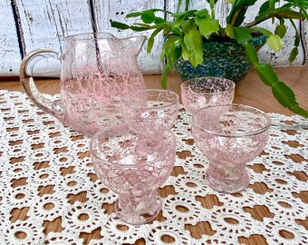 Vintage Pitcher Glasses Cocktail Juice Set 1960s Pink Paint Drizzle Splatter