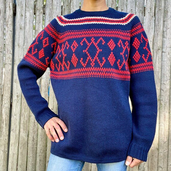 Vintage Wool Ski Sweater Mens 1950s 1960s Navy Red