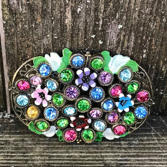 Vintage 1920s 1930s Rhinestone Brooch Pin Rainbow