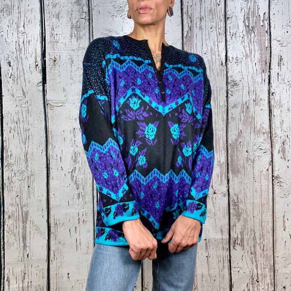 Vintage Knit Top Shirt 1980s 1990s Black Turquois… - image 2
