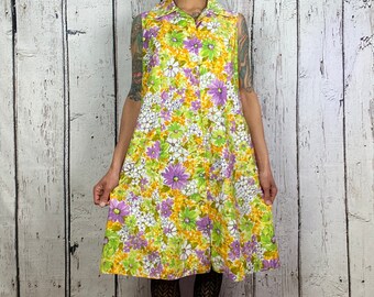 Vintage 1960s Floral Shift Dress Cotton Large Summer Dress Button Down