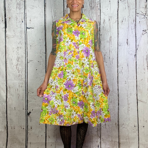 Vintage 1960s Floral Shift Dress Cotton Large Sum… - image 1