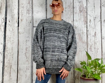 Vintage 1980s Sweater 1990s Mens Sweater Black White Large Acrylic