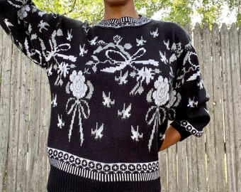 Vintage 1980s Sweater Ugly Sweater Roses Bows Abstract Black Acrylic Medium