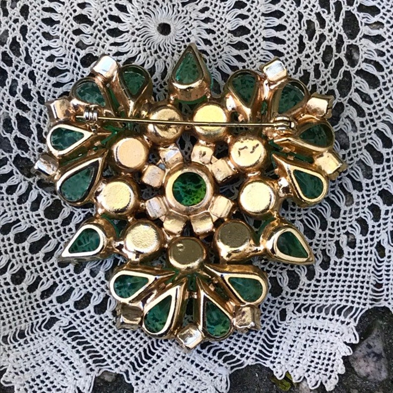 Vintage Green Rhinestone Costume Set Pin Brooch Clip-On Earrings Unsigned Goldtone