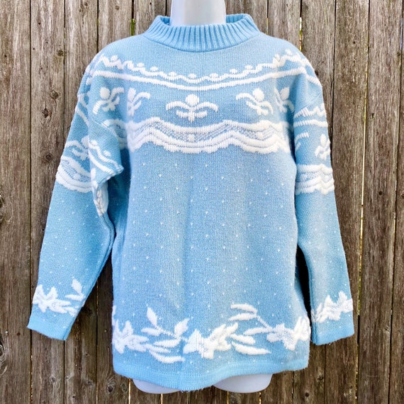 Vintage Sweater 1980s Light Blue Metallic Medium - image 2