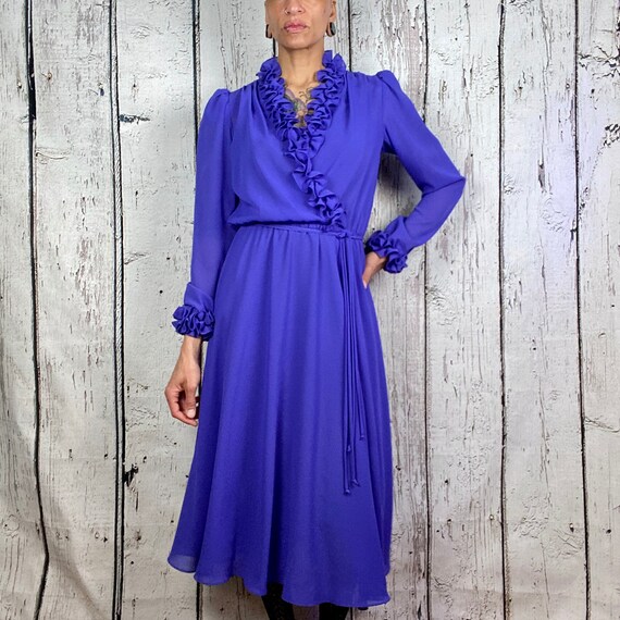 Vintage 1970s 1980s Dress Ruffles Purple Disco Ur… - image 2