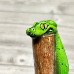 May include: A green snake figurine with yellow eyes wrapped around a brown wooden stick.