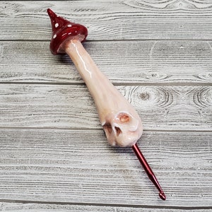 Ergonomic Crochet Hook, Skull and Mushroom Crochet Hook, Nerdy Crochet Hook, Vintage Skulls, Mushroom Crochet Hook, Goth Crochet Hook,