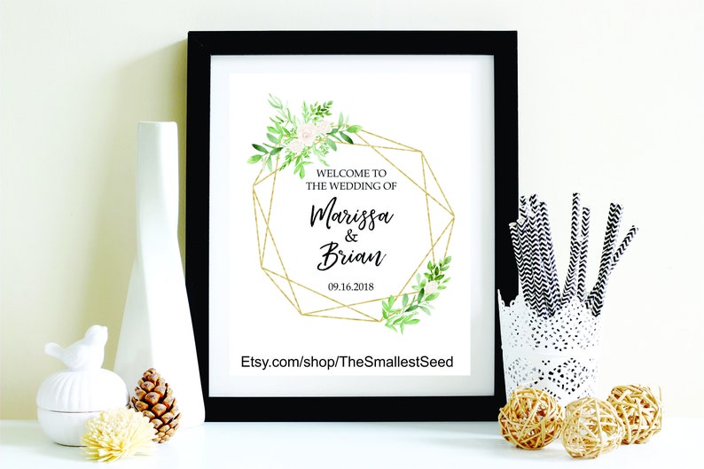 Greenery Wedding Posters Printable Welcome Sign Gold Geometric Bridal Shower Signs