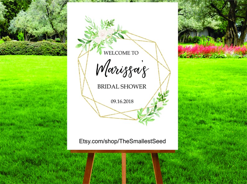 Greenery Wedding Posters Printable Welcome Sign Gold Geometric Bridal Shower Signs