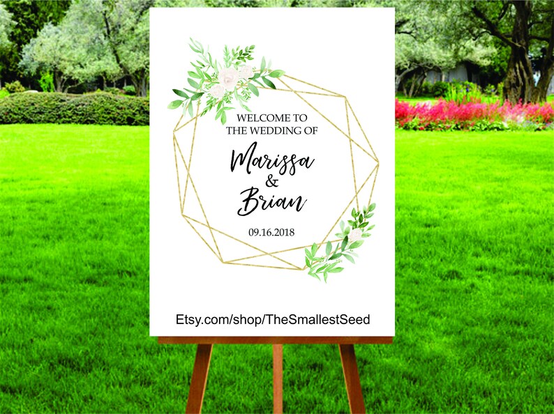 Greenery Wedding Posters Printable Welcome Sign Gold Geometric Bridal Shower Signs