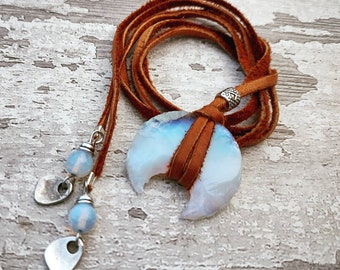 Opalite & Leather Lariat Necklace • Soft Suede Leather | Carved Opalite Moon | Faceted Opalite Beads | Long Leather Necklace | Boho/Hippie