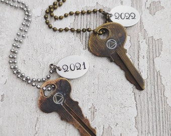 Recovery Key Necklace • Stamped Vintage Key Necklace | Recover Symbol & Date | Bead chain | Real Keys | Custom Gift | Steampunk/Boho