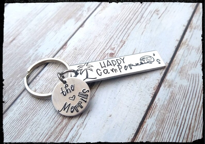 Custum keychain Gift Camper Gift OutdoorsCamping Vacation Gift Happy Camper Keychains \u2022 Hand Stamped Aluminum Couples Gift