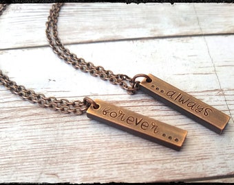 Couples Necklace • Aged Copper Bar Set | Hand Stamped Always/Forever • Customize Initials/Date • 1&quot; Vertical Bar | His & Her/Mom/Daughter