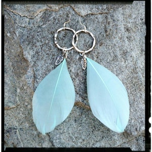 Blue Feather Earrings • Silver Hoop Accents • Long Feather Earrings/Boho/Hippie | Teal or Aqua Feathers | Statement Jewelry