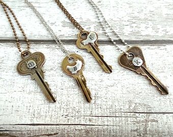 Soldered Initial Key Necklace • Hand Stamped Initials | Custom Vintage Key | Bead chain | Real Keys | Custom Gift | Steampunk/Boho