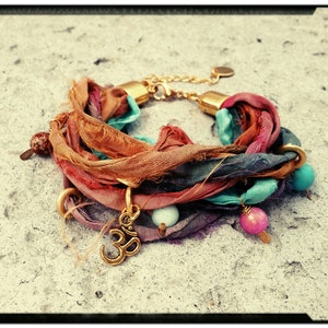 Sari Charm Bracelet • Golden Om Charm | Natural Stones | Sari Silk | Colorful Silk | Boho/Gypsy/Hippie - Yoga Bracelet -Gift