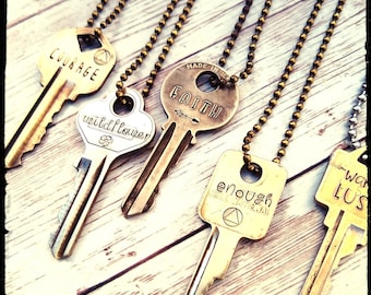 Vintage Key Necklace • Hand Stamped Word/Phrase/Date/Design/State | Custom Key | Bead chain | Real Keys | Custom Gift | Steampunk/Boho