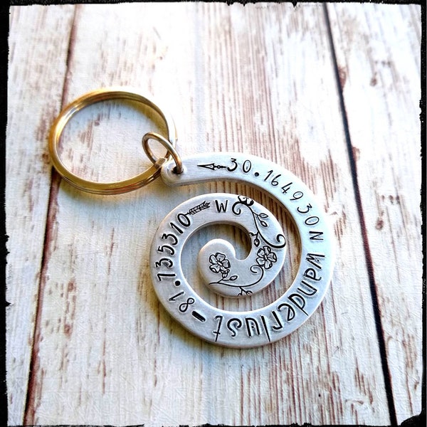Wanderlust Spiral Keychain • Hand Stamped Aluminum Swirl | GPS Coordinates | Flowers | Custom Coordinate Keychain | Lat/Long | Personalize