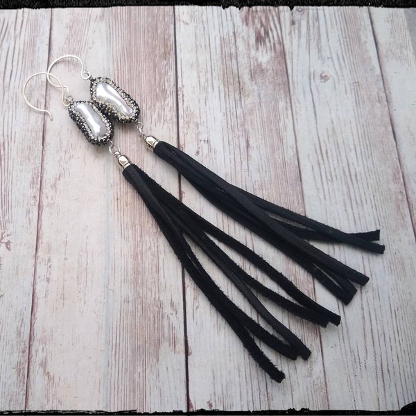 Leather & Pearl Tassel Earrings • Shoulder Duster | Pave Freshwater Baroque Pearl | Black Leather | Long Earrings | Boho/Gypsy/Hippie