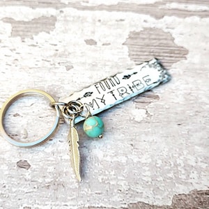 Found my Tribe • Custom | Hand Stamped Keychain | Pewter | Jasper & Feather Accent | Friend/Family/Bridesmaid/Driver Gift