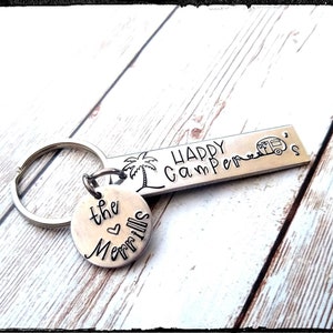 Happy Camper Keychains •  Hand Stamped Aluminum | Outdoors/Camping | Couples Gift | Camper Gift | Vacation Gift | Custum keychain Gift