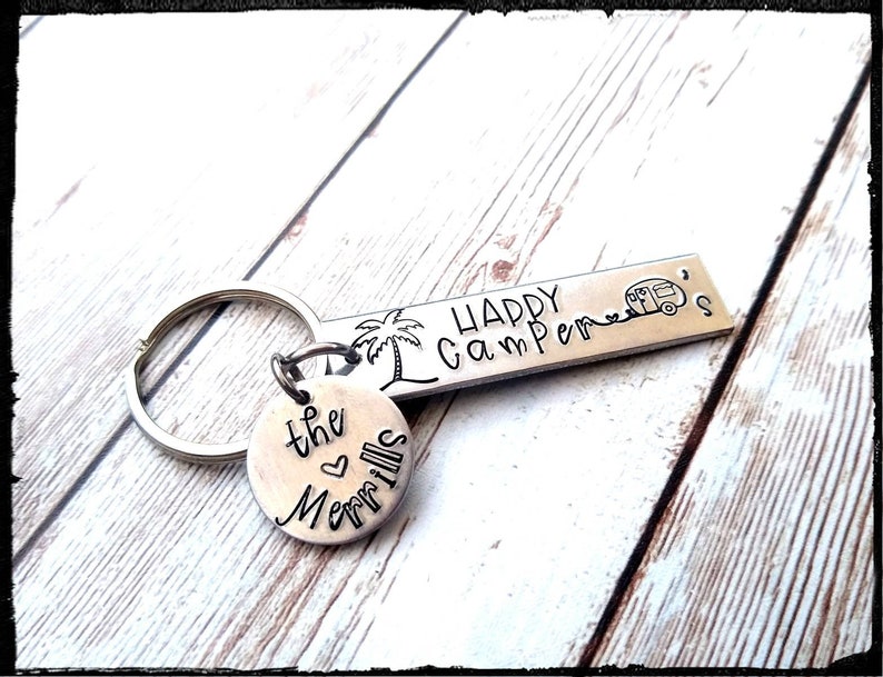 Custum keychain Gift Camper Gift OutdoorsCamping Vacation Gift Happy Camper Keychains \u2022 Hand Stamped Aluminum Couples Gift