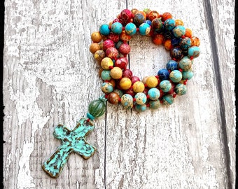 Mala Cross Necklace • Terra Jasper | Aqua/Orange/Purple/Green/Blue | Knotted Silk/Hammered Patina/Brass Cross | Christian/Prayer/Mala/Gift