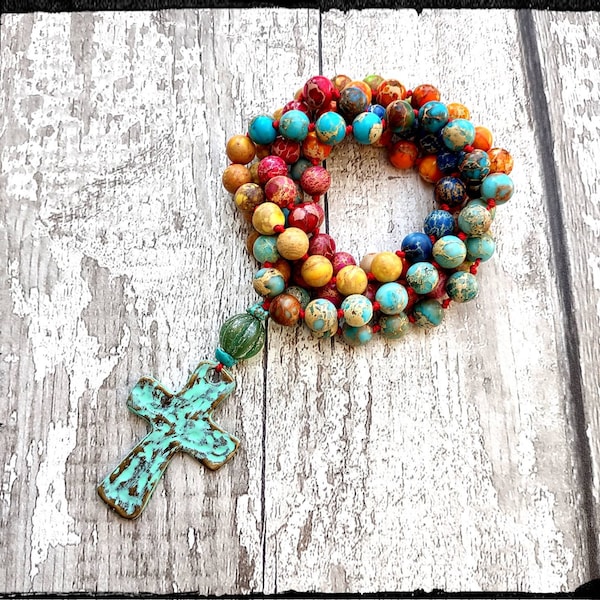 Mala Cross Necklace • Terra Jasper | Aqua/Orange/Purple/Green/Blue | Knotted Silk/Hammered Patina/Brass Cross | Christian/Prayer/Mala/Gift