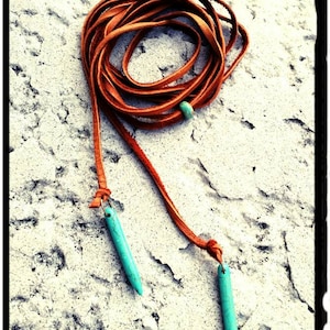 Turquoise & Leather Lariat Necklace • Soft Suede Leather | Turquoise Spears | Long Leather Necklace | Boho/Minimalist/Hippie