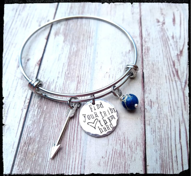 My Tribe Find Your Tribe Charm Bangle Hand Stamped Charm Arrowhead Feather Arrow Jasper Stone Family/Bridesmaid/Friend Gift image 3